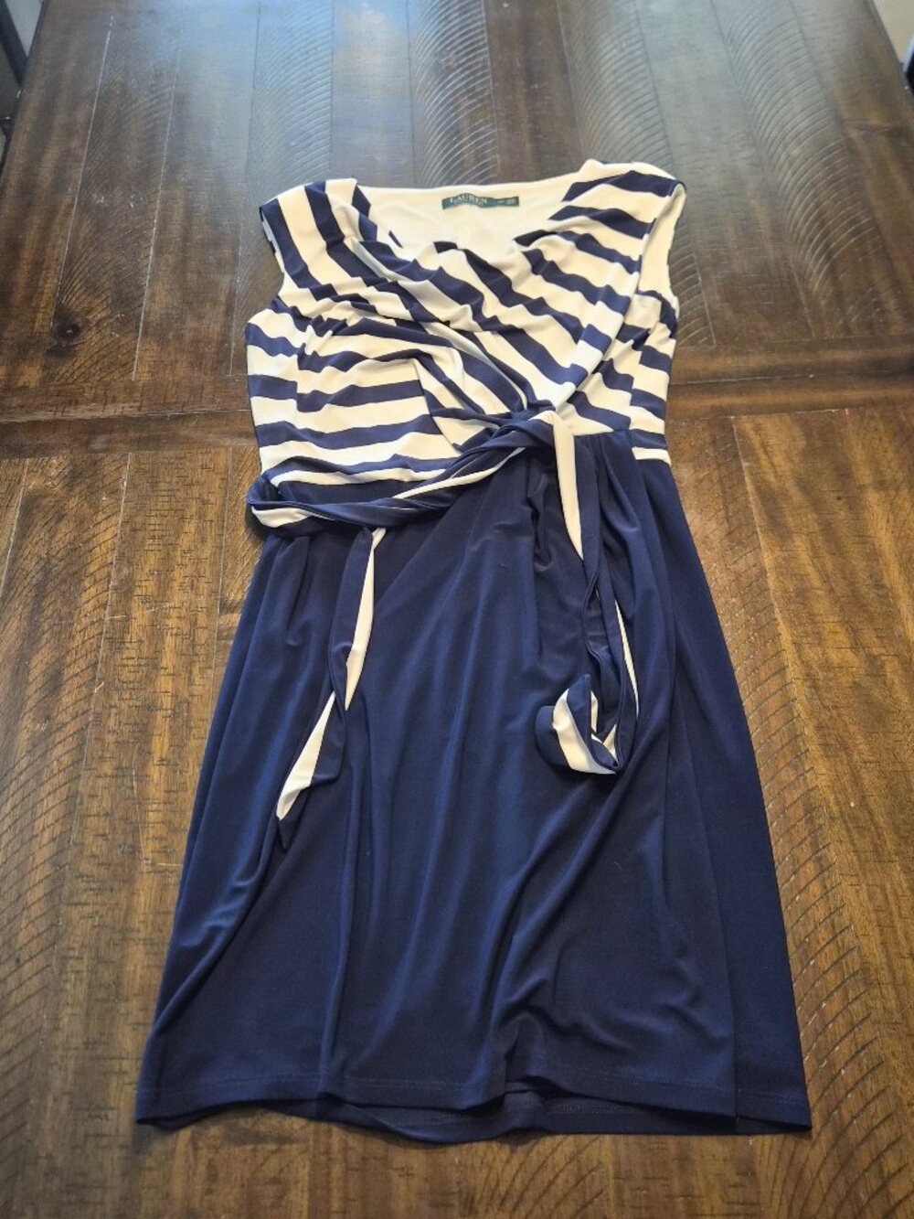 Lauren Ralph Lauren Jersey Stretch Midi Dress Size 14P Ruched Blue Striped H107